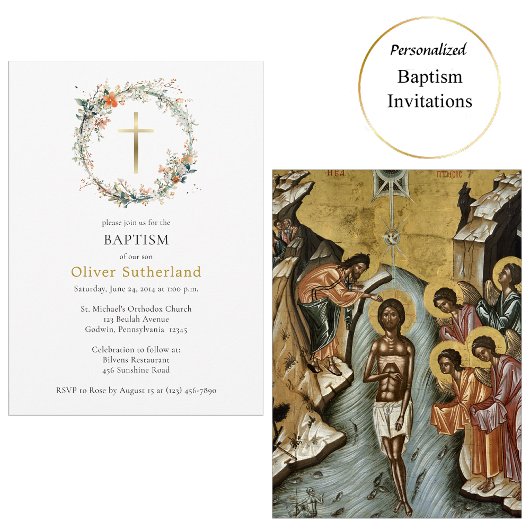 ワイルドフラワーズリース金ゴールドクロス正統バプテスマ 招待状