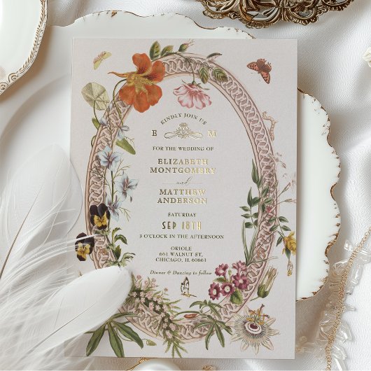 ワイルドフラワーズヴィンテージウェディング招待状マウヴバラ 箔招待状