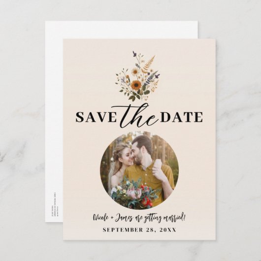 ワイルドフラワーズヴィンテージフローラBoho Save the Date 案内ポストカード (正面/裏面)