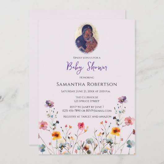 ワイルドフラワーズ正教会キリスト教の赤ちゃんシャワー 招待状 (正面/裏面)