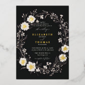 ワイルドフラワーズ白黒はっきりした金ゴールドエレガントな結婚式 箔招待状 (正面)