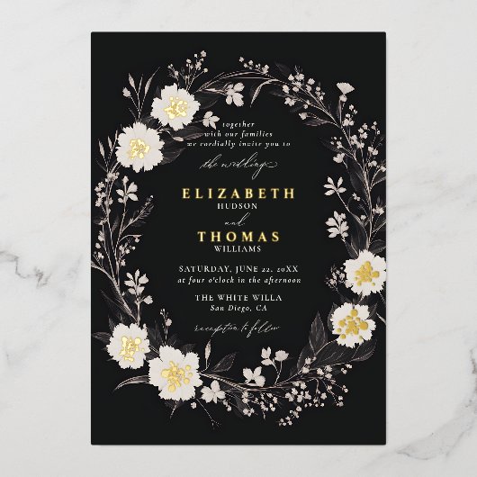 ワイルドフラワーズ白黒はっきりした金ゴールドエレガントな結婚式 箔招待状 (正面)