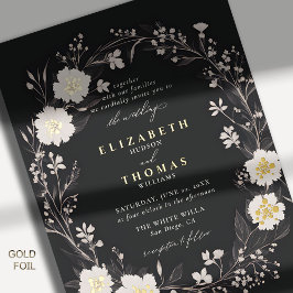 ワイルドフラワーズ白黒はっきりした金ゴールドエレガントな結婚式 箔招待状