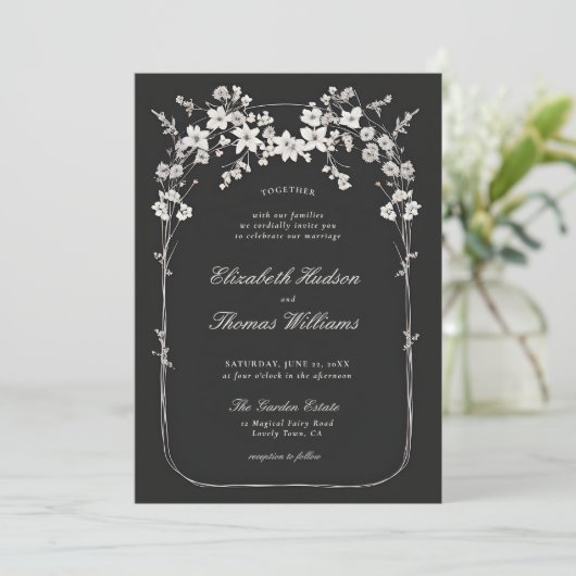ワイルドフラワーズ白黒ボホアーチエレガントウェディング 招待状 (スタンド正面)