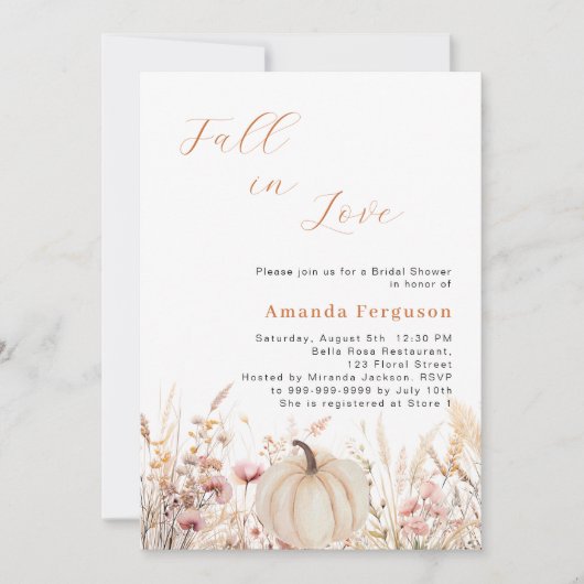 ワイルドフラワーズ秋ラブカボチャ桃ブライダルシャワー 招待状 (正面)