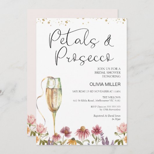 ワイルドフラワーズ花びらとプロセッコブライダルシャワー 招待状 (正面/裏面)