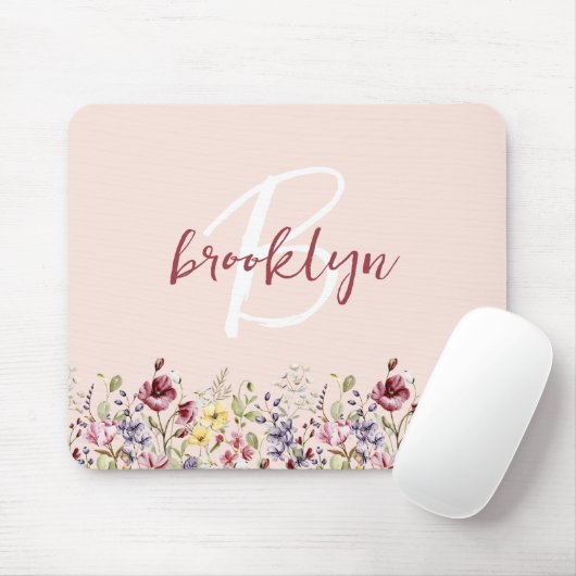 ワイルドフラワーズ赤面ピンクバーガンディーホワイトモノグラム マウスパッド (マウス)