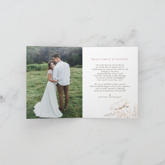 ワイルドフラワーズ金ゴールドエレガントな結婚式ありがとう写真 サンキューカード (内部)