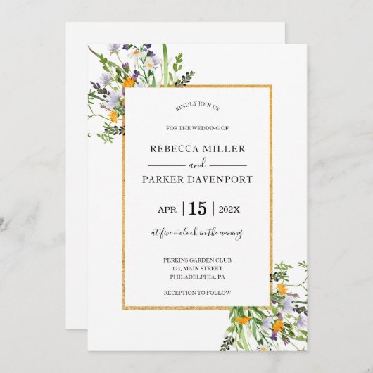 ワイルドフラワーズ金ゴールドエレガントな結婚式の招待状 招待状 (正面/裏面)