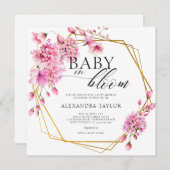 ワイルドフラワーズ金ゴールドテラリウムピンクベビーガールシャワー 招待状 (正面/裏面)