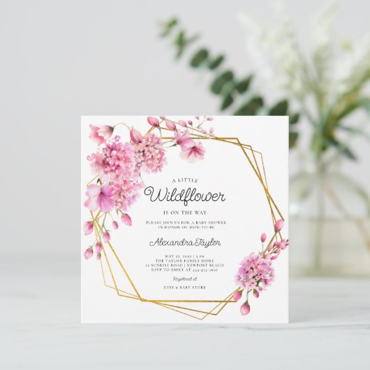 ワイルドフラワーズ金ゴールド幾何学的春ベビーガールシャワー 招待状 (スタンド正面)