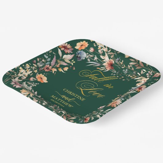 ワイルドフラワーズ金ゴールド「愛の秋」エレガントな結婚式 ペーパープレート (傾斜あり)