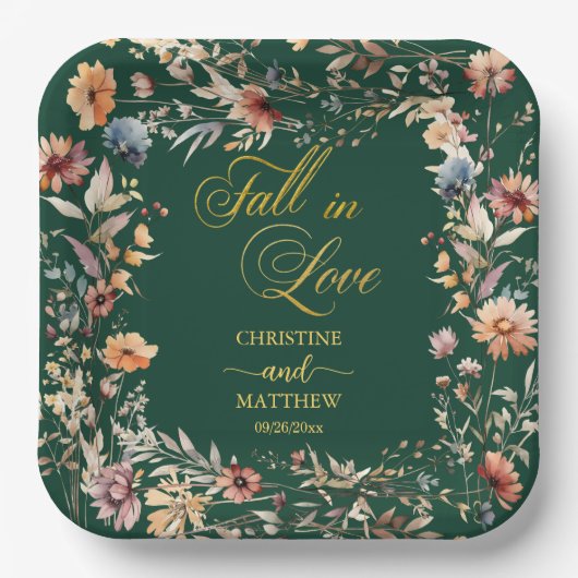 ワイルドフラワーズ金ゴールド「愛の秋」エレガントな結婚式 ペーパープレート (正面)