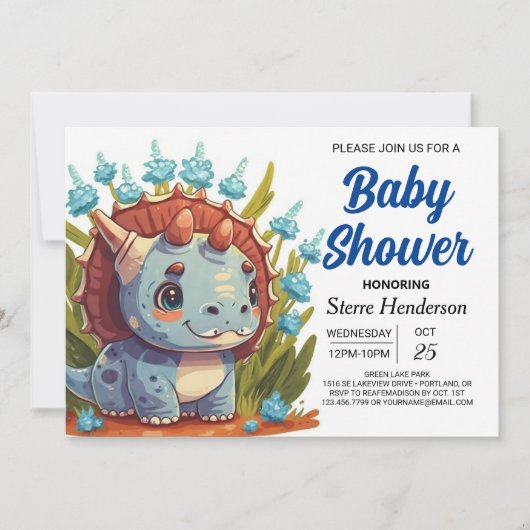 ワイルドフラワーズ エレガント ボーホー 恐竜の男の子 ベイビーシャワー 招待状 (正面)