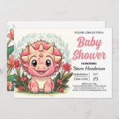 ワイルドフラワーズ ガーリー恐竜ガール ベビーシャワー 招待状 (正面/裏面)