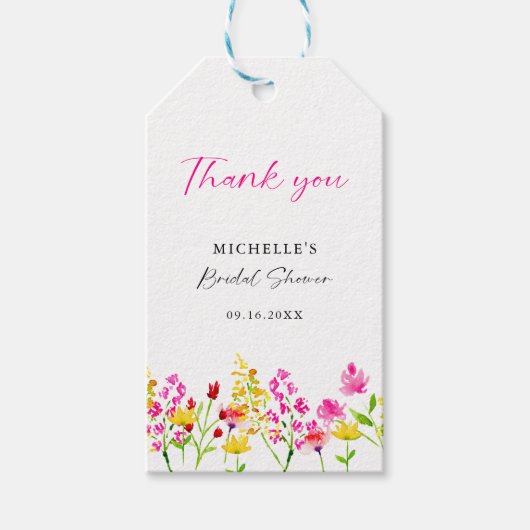 ワイルドフラワーズ ブライダルシャワー スクリプト ピンク フローラル ギフトタグ (正面)