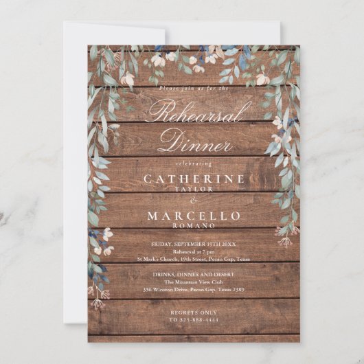 ワイルドフラワーズ ラスティック ウッド リハーサル ディナー 招待状 (正面)
