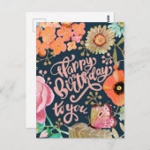ワイルドフラワーズ&レタリング誕生日グリーティングカード ポストカード (正面/裏面)