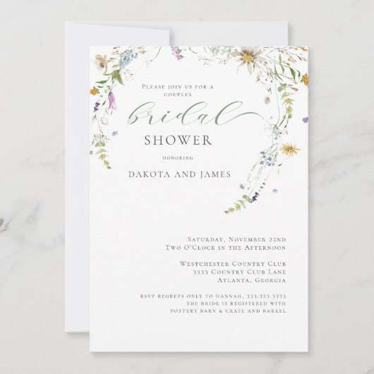 ワイルドフラワーセージ緑のカップルブライダルシャワー 招待状 (正面)