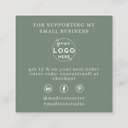 ワイルドフラワーセージ緑のボホオーダーサンキュー スクエア名刺 (裏面)