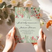 ワイルドフラワーセージ緑の最初の聖餐式 招待状