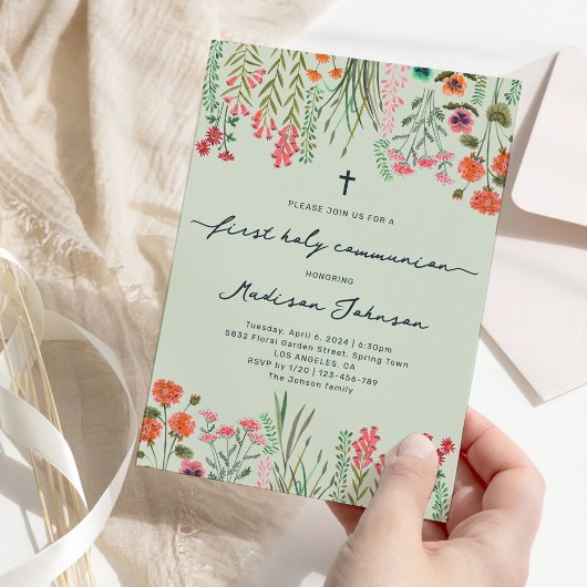 ワイルドフラワーセージ緑の最初の聖餐式 招待状