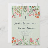 ワイルドフラワーセージ緑の最初の聖餐式 招待状 (正面)