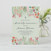 ワイルドフラワーセージ緑の最初の聖餐式 招待状 (スタンド正面)