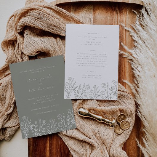 ワイルドフラワーセージ緑フロントとバック結婚ズ 招待状