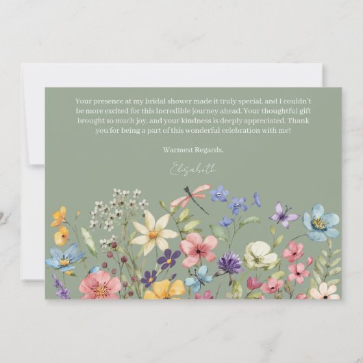 ワイルドフラワーセージ緑フローラブライダルシャワー サンキューカード (裏面)