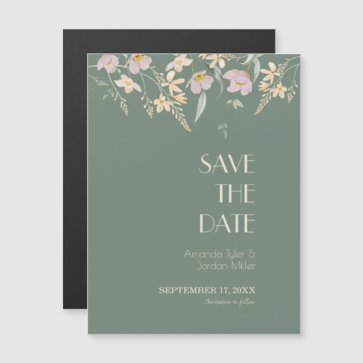 ワイルドフラワーセージDecoウェディングデイトマグネットを保存 マグネット招待状 (正面/裏面)