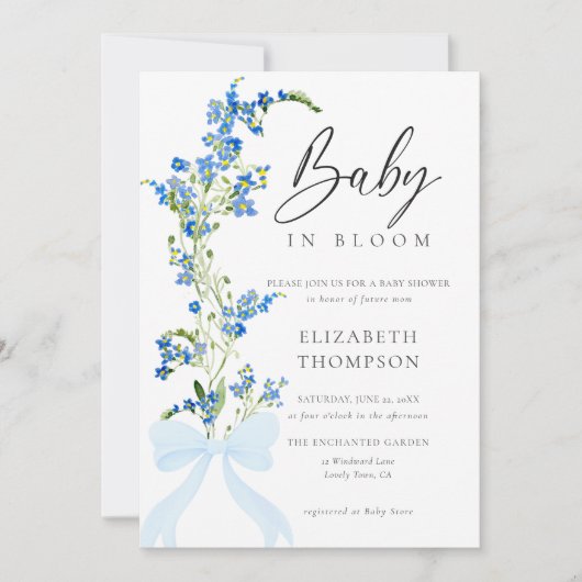 ワイルドフラワーソフト開花ブルーボウエレガントベビーシャワー 招待状 (正面)