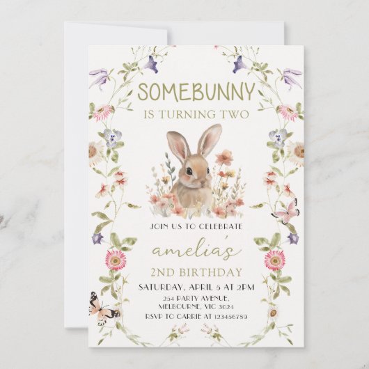 ワイルドフラワーソームバニーガール誕生日招待状 招待状 (正面)