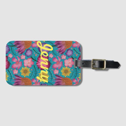 ワイルドフラワーターコイズフローラ パーソナライズされた ラゲッジタグ (正面横)