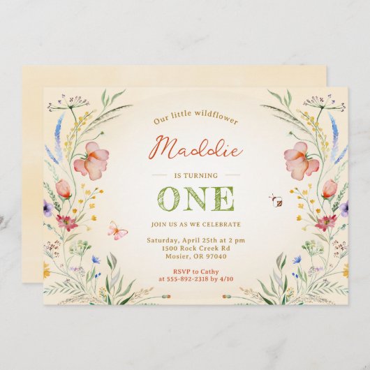ワイルドフラワーターニング一女一女誕生日 招待状 (正面/裏面)