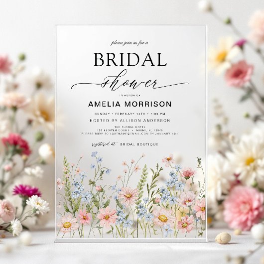 ワイルドフラワーダスティブルーピンクガーデンブライダルシャワー アクリル招待状