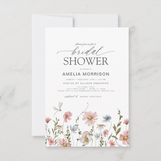 ワイルドフラワーダスティブルーピンクガーデンブライダルシャワー 招待状 (正面)