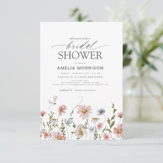 ワイルドフラワーダスティブルーピンクガーデンブライダルシャワー 招待状 (スタンド正面)