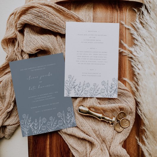 ワイルドフラワーダスティブルーフロント&ホワイトバック結婚ズ 招待状