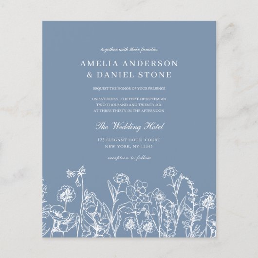 ワイルドフラワーダスティブルーモノグラム結婚式招待状 チラシ (正面)