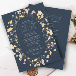 ワイルドフラワーダブルアーチネイビーRSVP QRコード結婚ズ 招待状