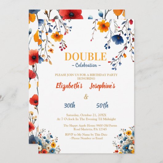 ワイルドフラワーダブルジョイント誕生祝い 招待状 (正面/裏面)