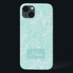 ワイルドフラワーダマパターン（の模様が）あるスクティール（緑がかった色）名ipadケース iPhone 13ケース<br><div class="desc">モダン淡パターン（の模様が）あるい水色のティール（緑がかった色）色の花。カスタマイズこのパターンかわいらしは、あなたの名前と家族のイニシャルやモノグラムで覆われています。現読在のメリッサJ.女の子パーソナライズされたや女の子に理想的な贈り物。サラ・トユニークレットの山草のダマスク・デザインと呼ばれた。</div>