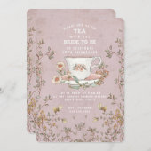 ワイルドフラワーティーパーティーほこりっぽいピンクブライダルシャワー 招待状 (正面/裏面)