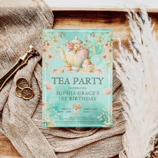 ワイルドフラワーティーパーティーガール誕生日招待状 招待状