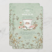 ワイルドフラワーティーパーティーセージグリーンブライダルシャワー 招待状 (正面/裏面)