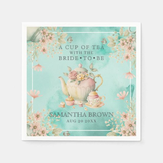 ワイルドフラワーティーパーティーティール(緑がかった色)ブルーブライダルシャワー スタンダードカクテルナプキン (正面)