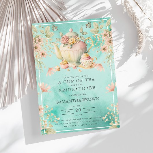 ワイルドフラワーティーパーティーティール（緑がかった色）ブルーブライダルシャワー 招待状