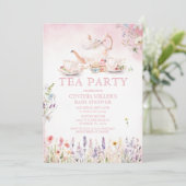 ワイルドフラワーティーパーティーピンクフローラ赤ちゃんシャワー 招待状 (スタンド正面)