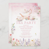 ワイルドフラワーティーパーティーピンクフローラ赤ちゃんシャワー 招待状 (正面/裏面)